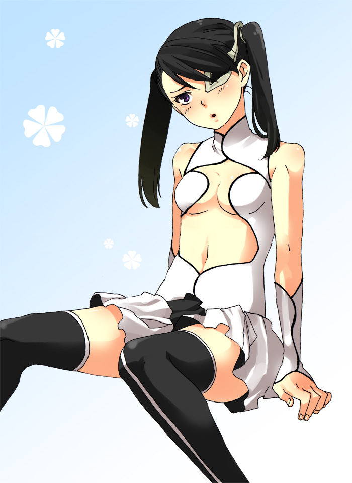 1girl, arrancar, black_hair, black_thighhighs, bleach, breasts, cleavage, female_focus, loly_aivirrne, long_hair, midriff, purple_eyes, sitting, skirt, skull, sleeveless, solo, thighhighs, twintails, yoshi_susuki