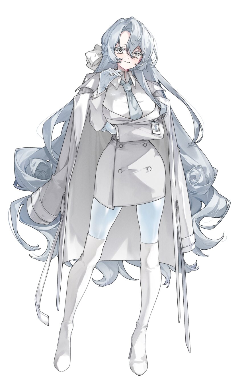 1girl, absurdres, arm_under_breasts, blue_hair, blue_necktie, boots, breasts, buttons, closed_mouth, coat, commentary, commission, double-breasted, full_body, gloves, grey_pupils, hair_between_eyes, highres, id_card, jacket, jyuuku, large_breasts, light_blush, light_smile, long_hair, looking_at_viewer, necktie, original, pantyhose, simple_background, solo, thigh_boots, very_long_hair, white_background, white_boots, white_coat, white_eyes, white_gloves, white_jacket, white_pantyhose