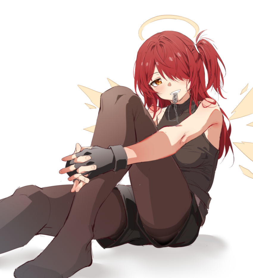 1girl, arknights, bare_shoulders, black_gloves, black_pantyhose, exusiai_(arknights), exusiai_(teenage)_(arknights), exusiai_the_new_covenant_(arknights)