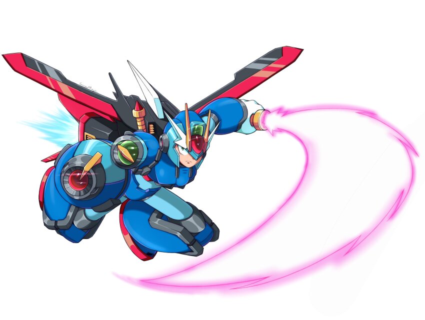 1boy, aiming, aiming_at_viewer, android, arm_cannon, armor, blue_armor, blue_helmet