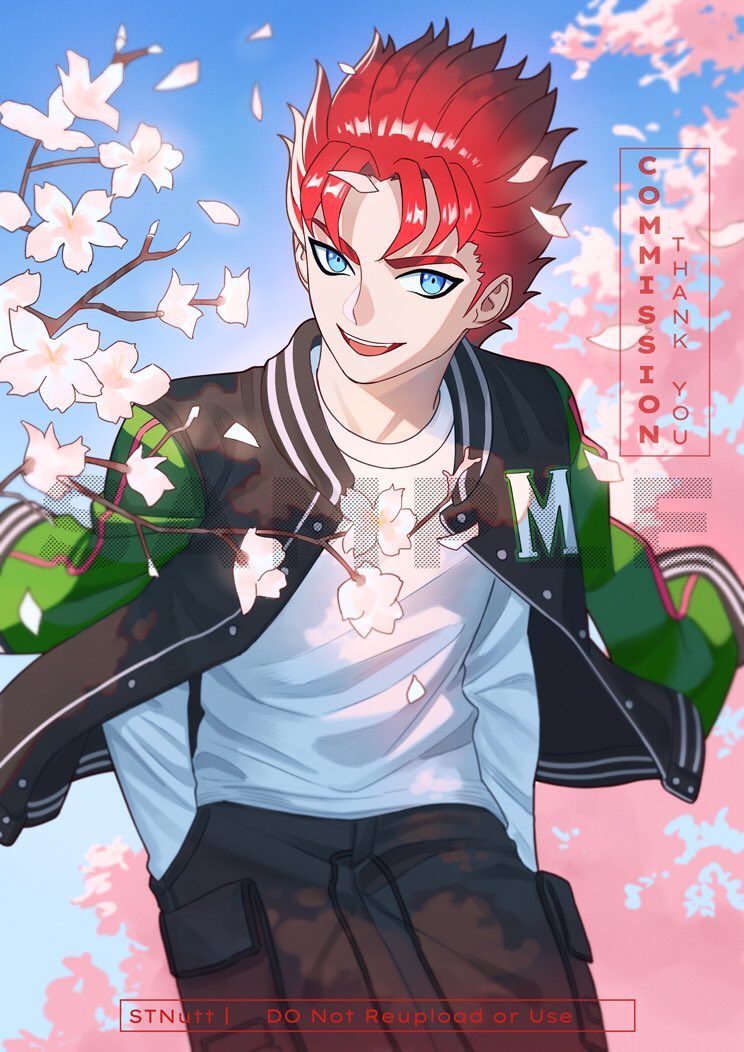 1boy, black_pants, blue_eyes, blue_sky, branch, cherry_blossoms, commentary, commission