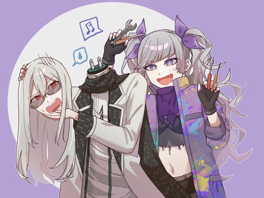 1boy, 1girl, android, belt, black_bra, black_gloves, bow, bra