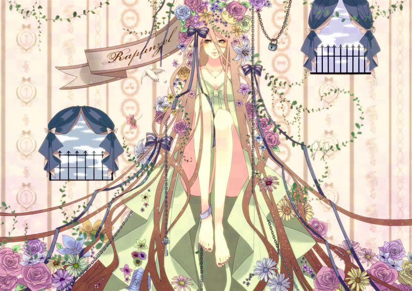 1girl, bad_id, bad_pixiv_id, barefoot, bird, blonde_hair, chain, dove, dress, female_focus, flower, folklore, green_dress, hal_(suck_it), key, lily_(flower), lock, long_hair, padlock, plant, purple_flower, purple_rose, rapunzel_(fairy_tale), rapunzel_(fairy_tale_character), rose, solo, sunflower, very_long_hair, window