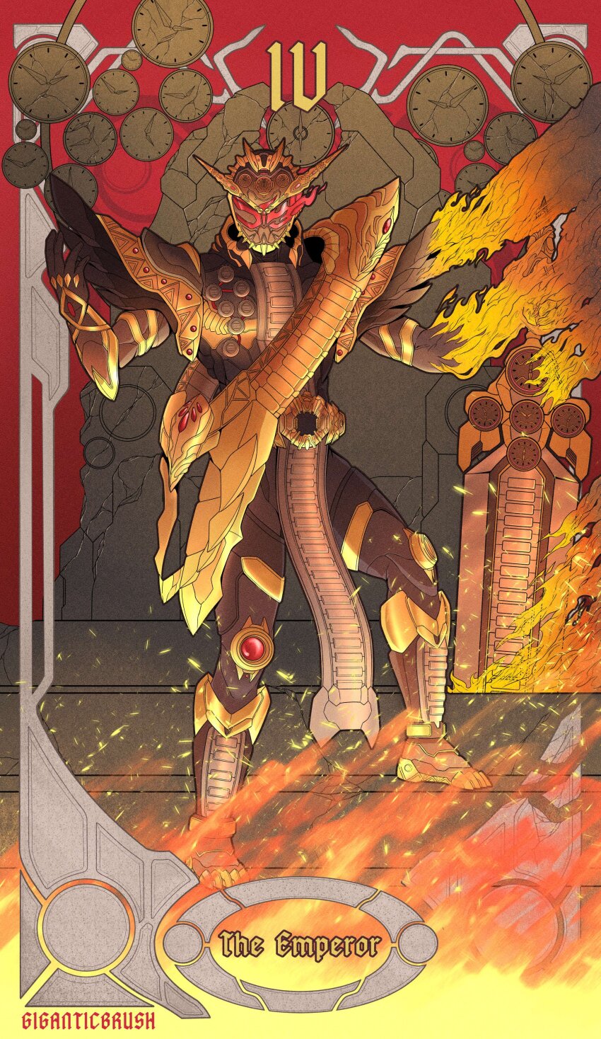 1boy, absurdres, apocalypse, armor, belt, black_armor, black_boots, black_gloves, bodysuit, boots, card_(medium), clock, clock_hands, compound_eyes, cowboy_shot, english_text, giganticbrush, gloves, gold_armor, gold_trim, helmet, highres, horns, kamen_rider, kamen_rider_zi-o_(series), looking_at_viewer, male_focus, ohma_zi-o, ohma_zi-o_driver, red_eyes, rider_belt, solo, tarot, tarot_(medium), the_emperor_(tarot), tokusatsu