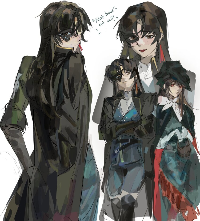 2girls, belt, black_boots, black_cape, black_coat, black_hair, black_hat, black_ibis_(reverse:1999)