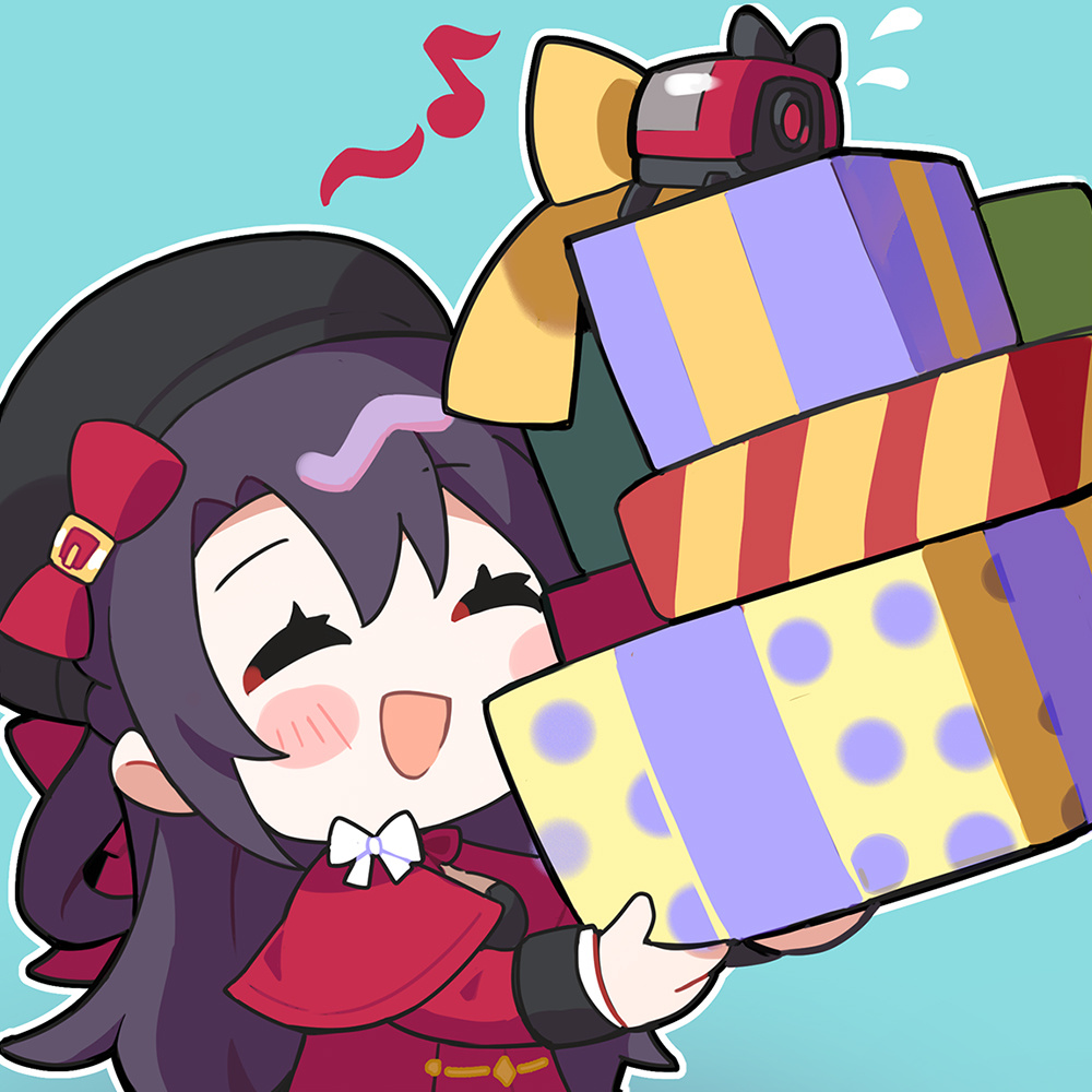 1girl, :d, artist_request, black_hair, black_hat, chibi, chibi_only, closed_eyes