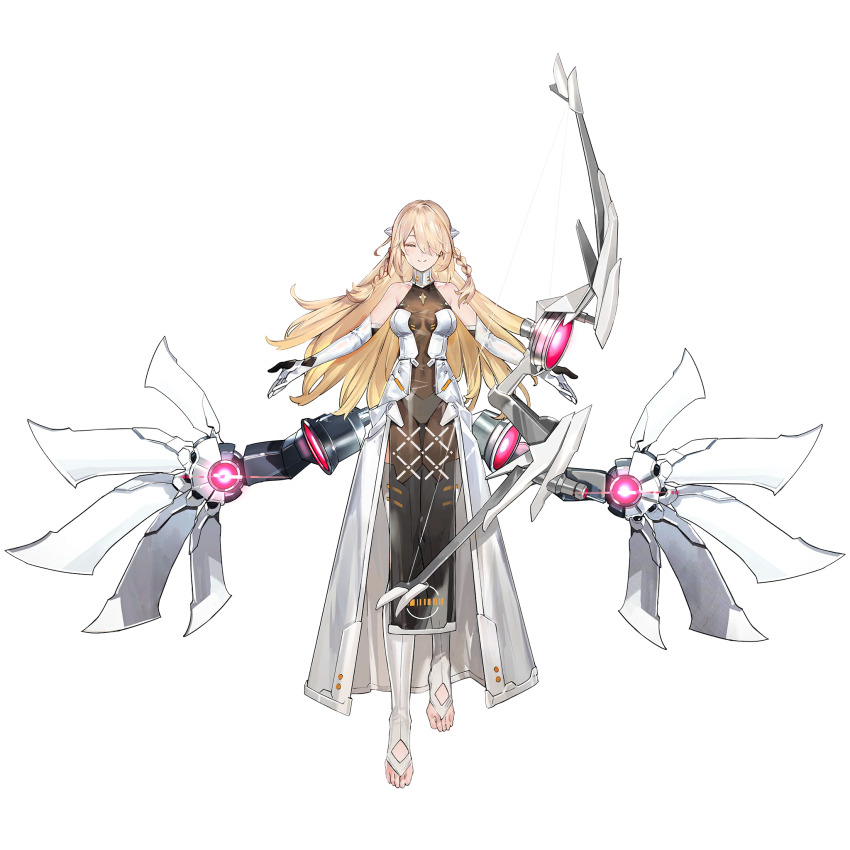 1girl, angelus_(neural_cloud), artist_request, bare_shoulders, blonde_hair, bow, braid, closed_eyes