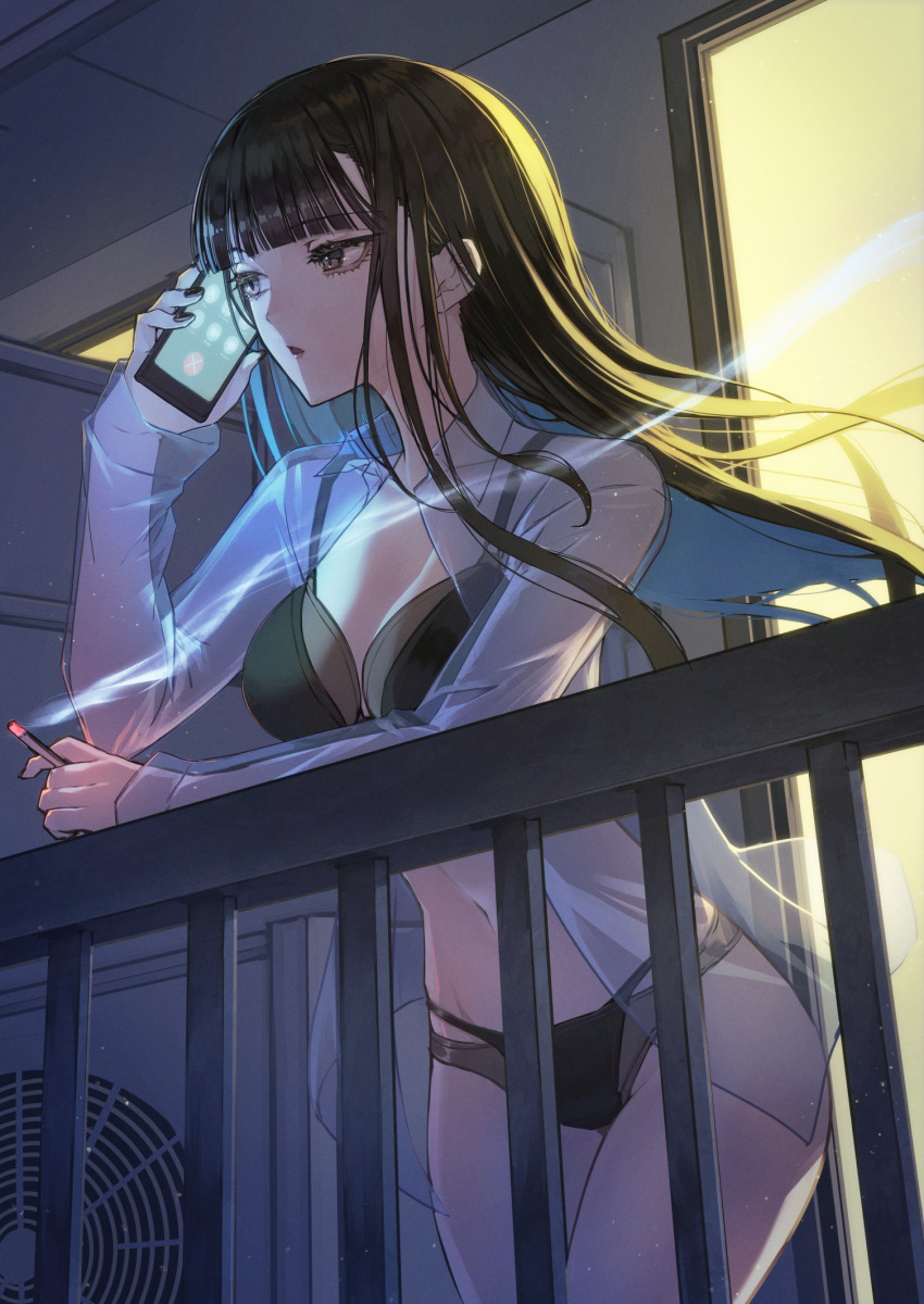 1girl, balcony, black_hair, bra, breasts, exhibitionism, highres, long_hair