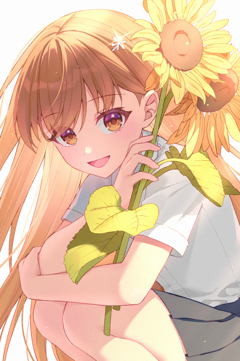 1girl, ano_natsu_no_itsuka_wa_(vocaloid), brown_eyes, brown_hair, flower, highres, jenevan, knees