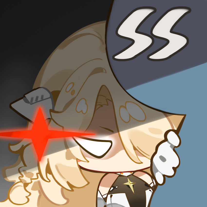 >:(, 1girl, angelus_(neural_cloud), angry, artist_request, blonde_hair, chibi, chibi_only