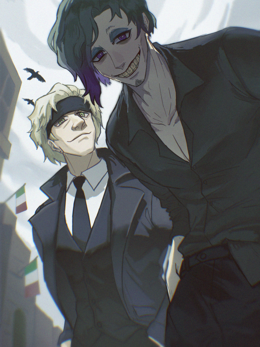 2boys, absurdres, bird, black_hair, black_headband, black_jacket, black_necktie, black_pants