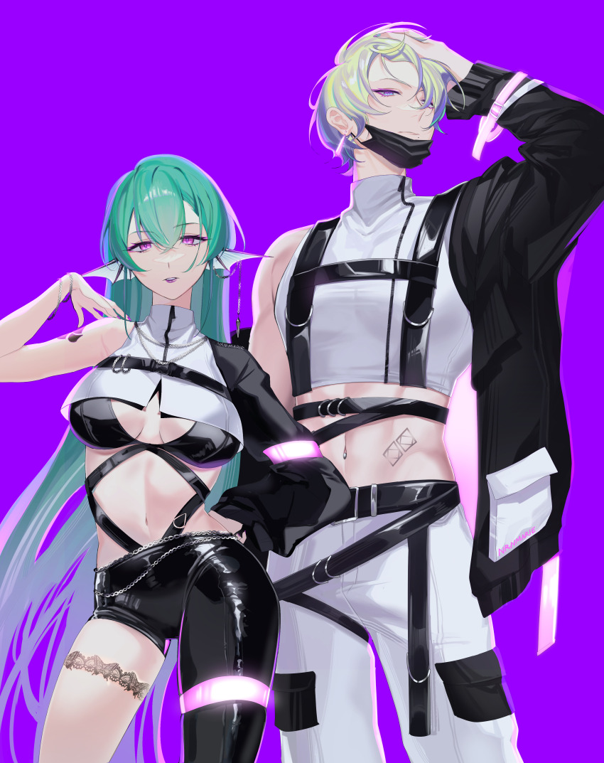 1boy, 1girl, absurdres, alternate_costume, arm_tattoo, asymmetrical_clothes, asymmetrical_pants, asymmetrical_sleeves