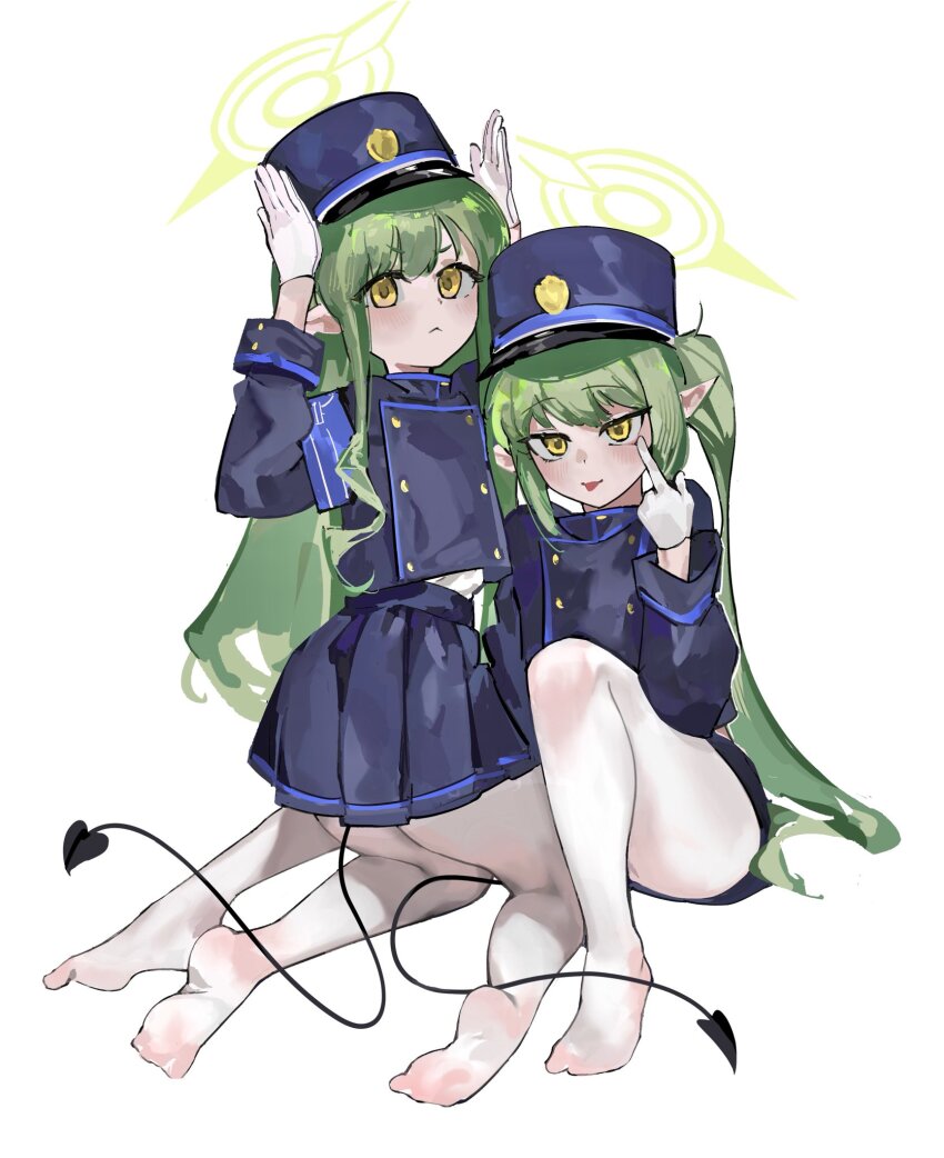 2girls, akanbe, bbocsean, black_hat, black_jacket, black_skirt, black_tail, blue_archive