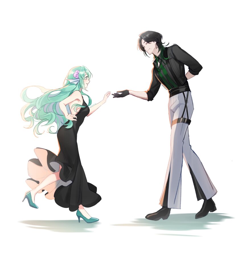 1boy, 1girl, ^_^, alternate_costume, aqua_shoes, arm_behind_back, black_dress, black_gloves