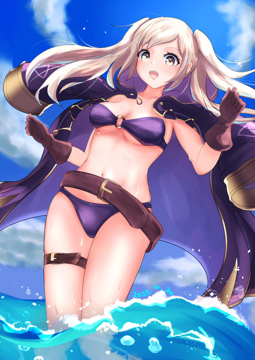 1girl, bad_dobbyyyyy, belt, belt_buckle, bikini, black_robe, blue_sky, blush