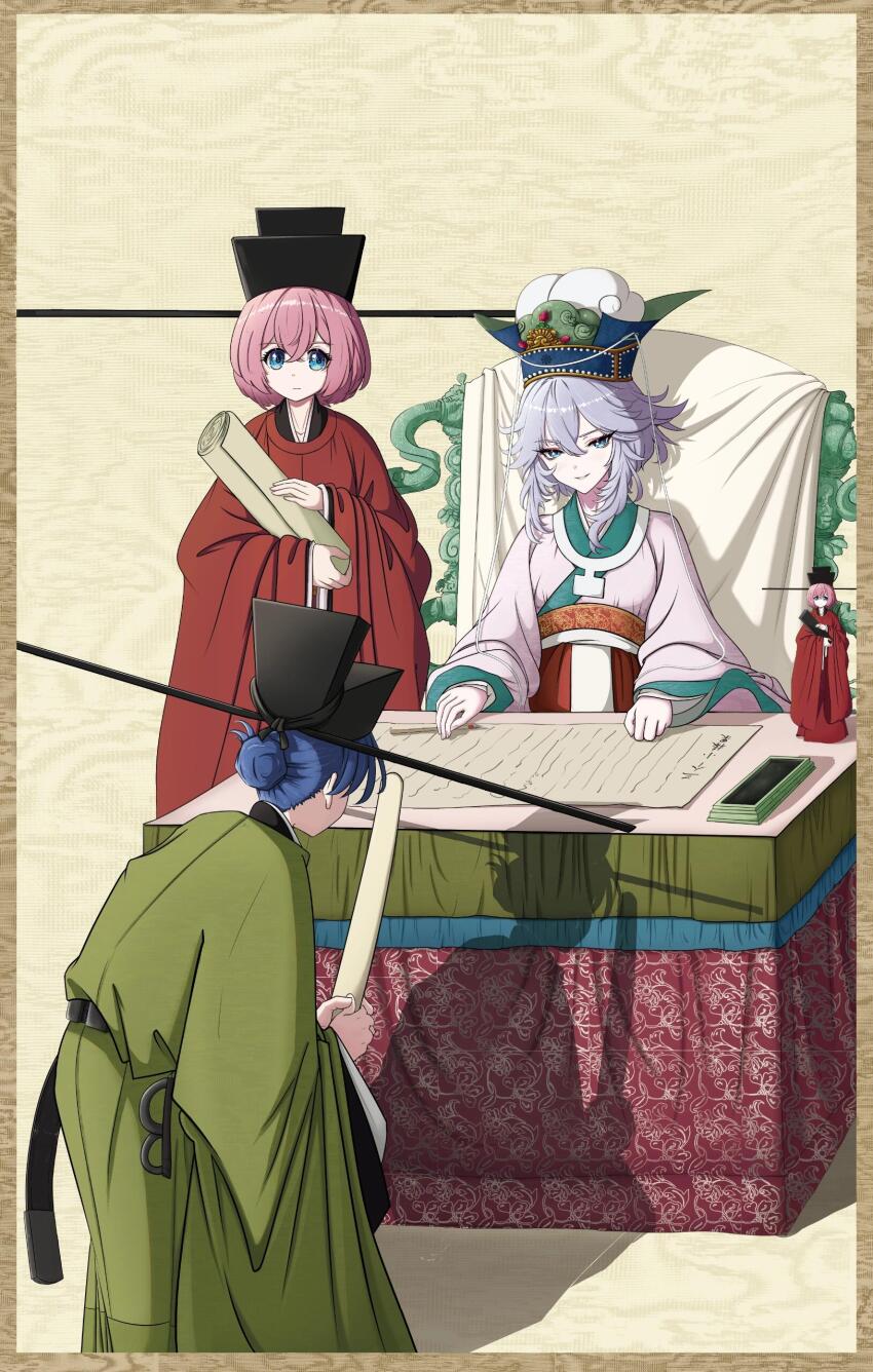 3girls, absurdres, bad_source, blue_eyes, blue_hair, chinese_clothes, futou, grey_hair