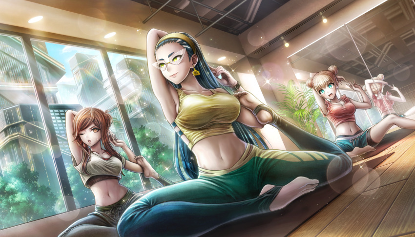 3girls, :o, aqua_eyes, barefoot, blonde_hair, blue_hair, brown_eyes, brown_hair, crop_top, double_bun, glasses, green_eyes, grey_shirt, hair_bun, hairband, highres, iroha_tsuki, jujo_miu, midriff, multicolored_hair, multiple_girls, navel, non-web_source, official_art, ooi_minami, open_mouth, pants, pigeon_pose, pink_shirt, shirt, smile, streaked_hair, sweat, tribe_nine, wide-eyed, yellow_hairband, yellow_shirt, yoga, yoga_mat, yoga_pants