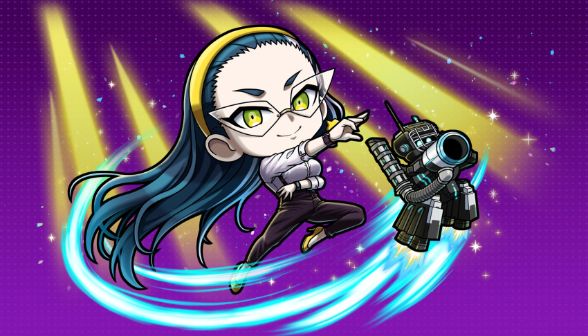 1girl, black_pants, blue_hair, chibi, chibi_only, full_body, green_eyes, hairband