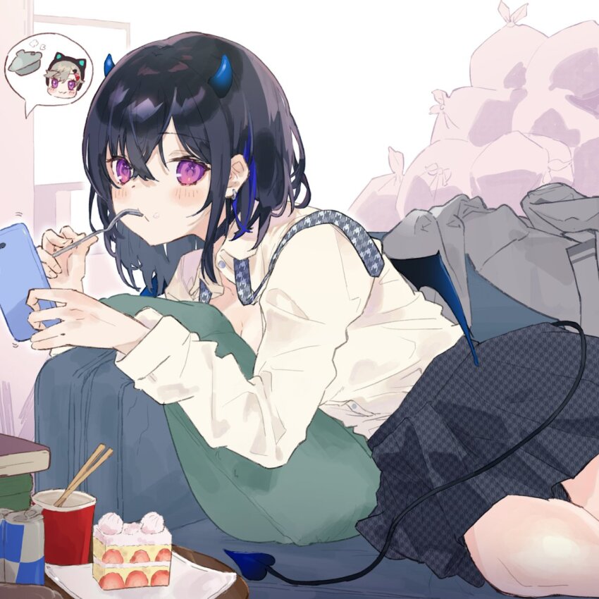 1girl, bat_wings, black_choker, black_hair, black_skirt, blue_horns, blush, bossun_(laetus)