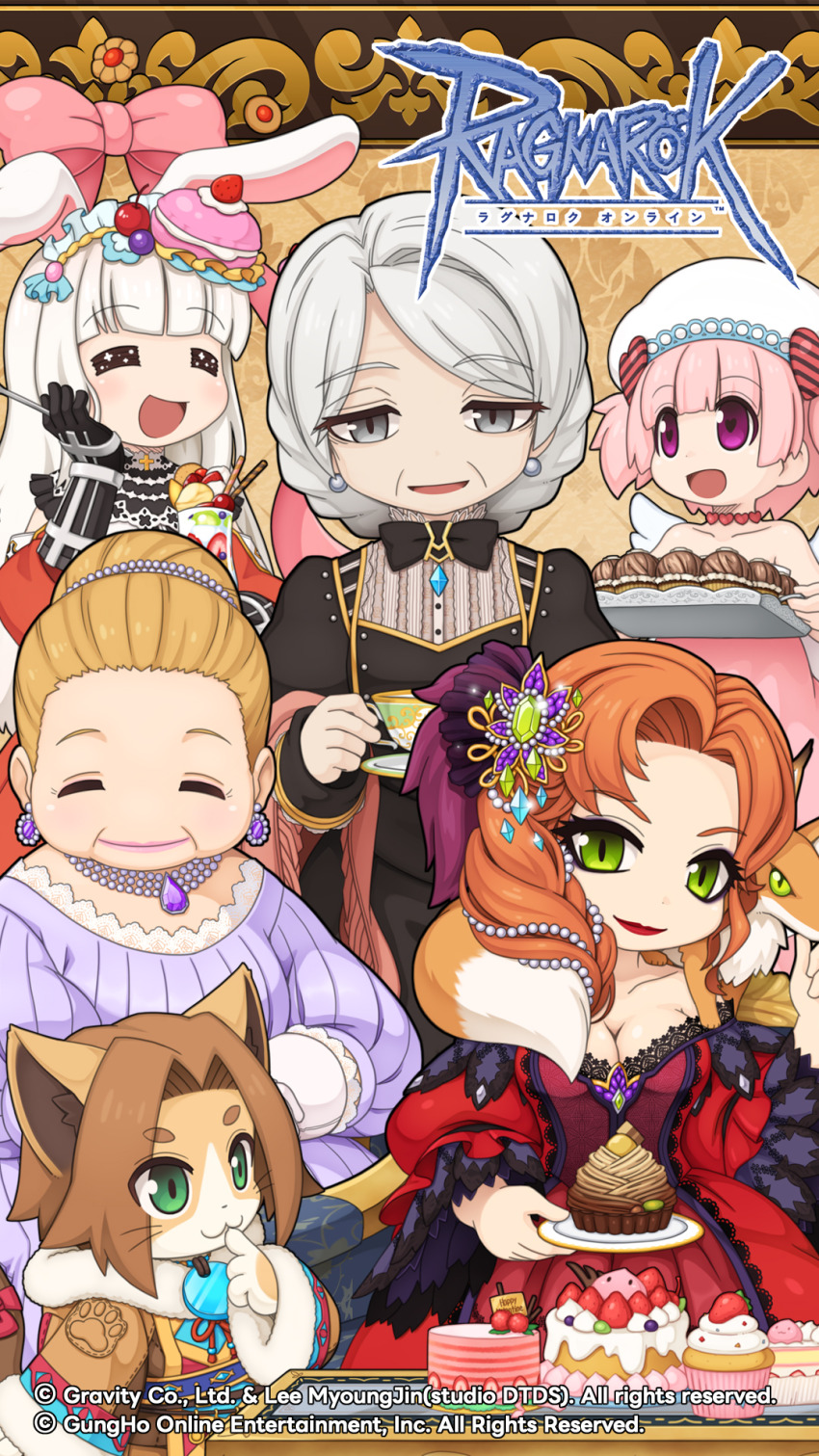 5girls, :3, :d, =_=, animal_ears, black_bow, black_bowtie, black_dress, black_gloves, blunt_bangs, bow, bowtie, breasts, brown_coat, brown_hair, cake, cake_slice, cat_boy, chocolat_basinio, chocolate, cleavage, closed_eyes, closed_mouth, coat, copyright_notice, cotnes, cowboy_shot, cup, cupcake, dien_(ragnarok_online), dress, fake_animal_ears, food, food-themed_hair_ornament, fox, fur_coat, furry, furry_male, gem, gloves, green_eyes, grey_eyes, grey_hair, hair_bun, hair_ornament, highres, holding, holding_cup, holding_saucer, inquisitor_(ragnarok_online), jewelry, logo, long_hair, long_sleeves, looking_at_viewer, macaron_hair_ornament, mature_female, medium_breasts, mont_blanc_(food), multiple_girls, necklace, official_art, official_wallpaper, old, old_woman, open_mouth, orange_hair, parfait, pearl_hair_ornament, pearl_necklace, pink_bow, pink_hair, poring, purple_dress, purple_eyes, purple_gem, rabbit_ears, ragnarok_online, red_dress, red_lips, ridsh, saucer, short_hair, single_hair_bun, smile, spirit_handler_(ragnarok_online), teacup, yuichirou
