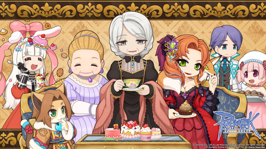 2boys, 5girls, :3, :d, =_=, alternate_color, animal_ears, biolo_(ragnarok_online), black_bow, black_bowtie, black_dress, black_gloves, black_vest, blue_eyes, blue_hair, blue_necktie, blunt_bangs, bow, bowtie, breasts, brown_coat, brown_hair, cake, cake_slice, cat_boy, chocolat_basinio, chocolate, cleavage, closed_eyes, closed_mouth, coat, collared_shirt, copyright_notice, cotnes, cowboy_shot, cup, cupcake, dien_(ragnarok_online), dress, fake_animal_ears, food, food-themed_hair_ornament, fox, fur_coat, furry, furry_male, gem, gloves, green_eyes, grey_eyes, grey_hair, hair_bun, hair_ornament, high_collar, highres, holding, holding_cup, holding_saucer, inquisitor_(ragnarok_online), jewelry, logo, long_hair, long_sleeves, looking_at_viewer, macaron_hair_ornament, mature_female, medium_breasts, mont_blanc_(food), multiple_boys, multiple_girls, necklace, necktie, official_art, official_wallpaper, old, old_woman, open_clothes, open_coat, open_mouth, orange_hair, parfait, pearl_hair_ornament, pearl_necklace, pink_bow, pink_hair, poring, purple_dress, purple_eyes, purple_gem, rabbit_ears, ragnarok_online, red_dress, red_lips, ridsh, saucer, shirt, short_hair, single_hair_bun, smile, spirit_handler_(ragnarok_online), teacup, vest, white_coat, white_shirt, yuichirou
