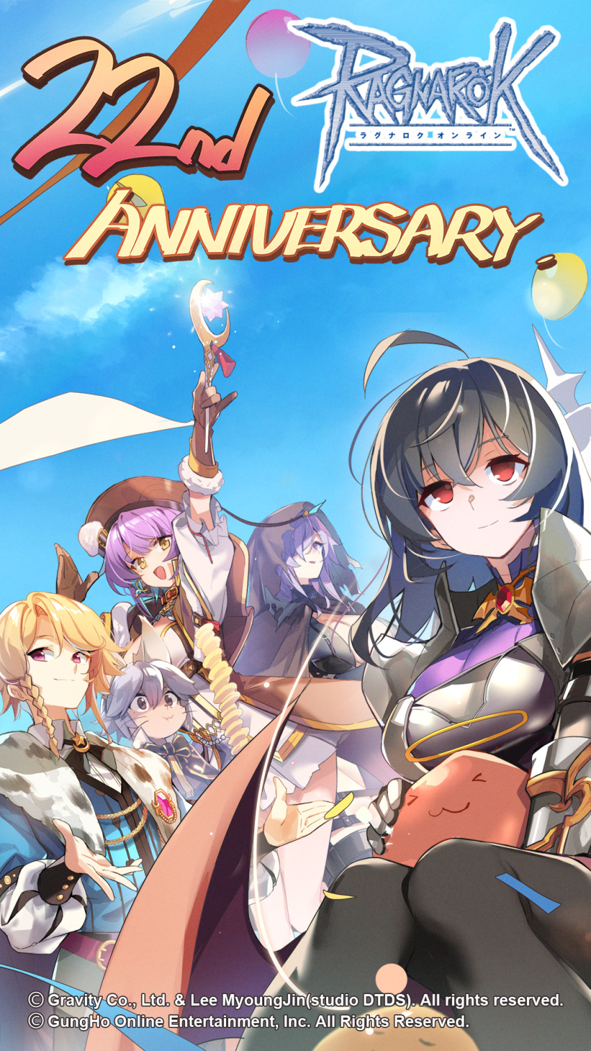 2boys, 3girls, :3, angeling, animal_ears, anniversary, arch_mage_(ragnarok_online), arm_up