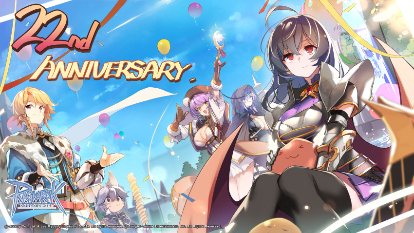 2boys, 3girls, :3, angeling, animal_ears, anniversary, arch_mage_(ragnarok_online), arm_up