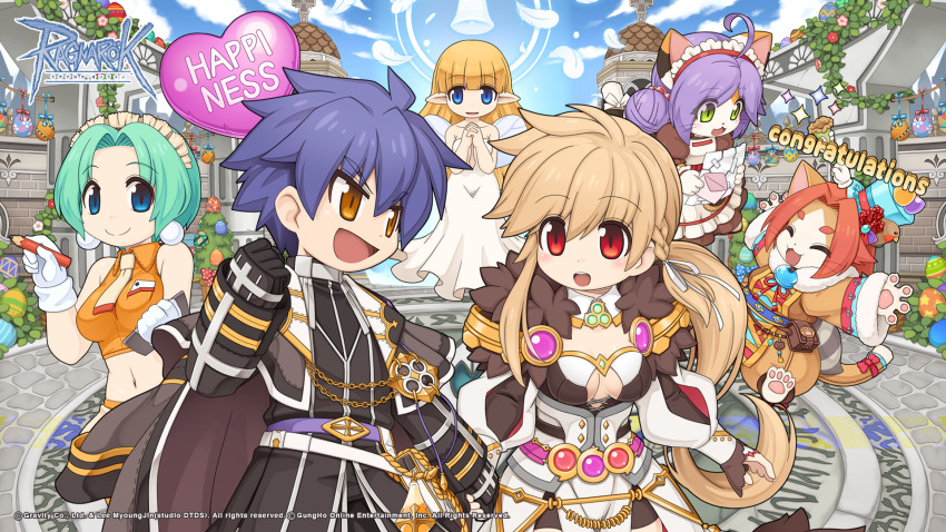 2boys, 4girls, angel, apron, belt, black_coat, black_gloves, black_jacket, black_pants, black_shirt, blonde_hair, blue_eyes, blue_sky, bow, breasts, brown_coat, brown_dress, brown_shorts, caprese_(ragnarok_online), cat_boy, cat_girl, clipboard, cloud, coat, coat_on_shoulders, cobblestone, collar, copyright_notice, cowboy_shot, crop_top, day, detached_collar, dress, elemental_master_(ragnarok_online), fur-trimmed_dress, fur_coat, fur_collar, fur_trim, furry, furry_female, gem, gloves, green_hair, heart, hetero, highres, holding, holding_clipboard, holding_hands, holding_pen, inquisitor_(ragnarok_online), jacket, kafra_uniform, logo, long_hair, maid, maid_headdress, medium_breasts, multiple_boys, multiple_girls, official_art, official_wallpaper, open_mouth, orange_eyes, orange_hair, orange_shirt, outdoors, pants, pelvic_curtain, pen, pointy_ears, purple_belt, purple_hair, ragnarok_online, red_bow, red_eyes, red_gem, sampaguita_(ragnarok_online), shirt, short_hair, shorts, shorts_under_dress, sky, sleeveless, sleeveless_shirt, smile, spirit_handler_(ragnarok_online), tail, tail_bow, tail_ornament, tassel, white_apron, white_collar, yuichirou