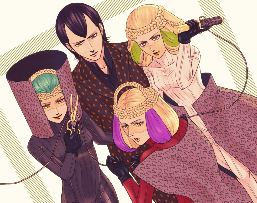 1boy, 3girls, atropos_(megami_tensei), black_bodysuit, black_gloves, black_hair, bodysuit, braid