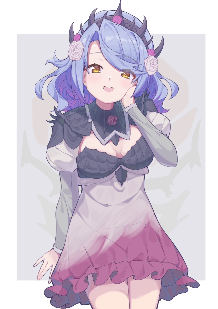 1girl, :d, absurdres, alternate_costume, blue_hair, blush, breasts, cleavage