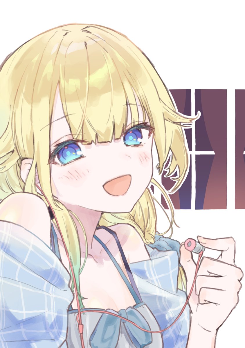 1girl, aizawa_ema, alternate_costume, bare_shoulders, blonde_hair, blue_eyes, bossun_(laetus), close-up