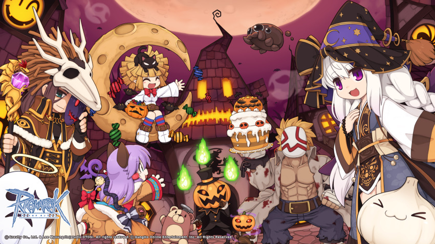 1other, 2boys, 3girls, :3, abs, animal, animal_ears, animal_on_head, animal_skull, arch_mage_(ragnarok_online), bat_(animal), black_cat, black_gloves, black_hat, black_sash, black_shirt, blonde_hair, blood, blood_on_clothes, bloody_murderer, blue_eyes, blue_socks, boots, bow, bowtie, breasts, brown_capelet, brown_coat, brown_hair, brown_pants, brown_sash, bug, cake, candy, capelet, cat, cat_ears, cat_girl, cat_on_head, cat_tail, closed_mouth, coat, copyright_notice, cowboy_shot, eye_print, fingerless_gloves, fire, flat_chest, food, fur-trimmed_capelet, fur_trim, garling_(ragnarok_online), ghost, gloves, gold_trim, green_fire, grey_coat, hair_bow, halloween, hat, highres, holding, holding_mask, jack-o'-lantern, jack-o'-lantern_head, jakk_(ragnarok_online), logo, loli_ruri, long_hair, long_sleeves, looking_at_viewer, lude_(ragnarok_online), mask, medium_breasts, moon, multiple_boys, multiple_girls, muscular, muscular_male, obi, official_art, official_wallpaper, on_crescent, on_head, open_mouth, orange_moon, pants, pumpkin, purple_eyes, purple_sky, ragnarok_online, red_bow, red_bowtie, red_socks, sash, sheet_ghost, shirt, skull_on_head, sky, sleeveless, sleeveless_coat, smile, socks, soul_ascetic_(ragnarok_online), spider, spirit_handler_(ragnarok_online), star_(symbol), star_print, striped_clothes, striped_socks, stuffed_animal, stuffed_toy, tail, teddy_bear, teddy_bear_(ragnarok_online), whisper_(ragnarok_online), white_boots, white_shirt, witch_hat, wrapped_candy, yuichirou