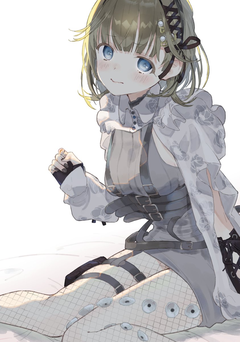 1girl, arm_cutout, bad_anatomy, bad_face, belt, black_nails, blue_eyes, blush