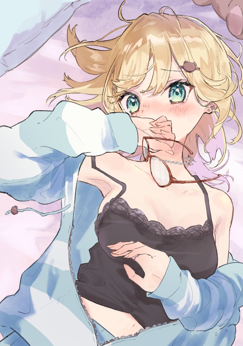 1girl, armpits, bare_shoulders, bear_hair_ornament, black_camisole, blonde_hair, blush, bossun_(laetus)