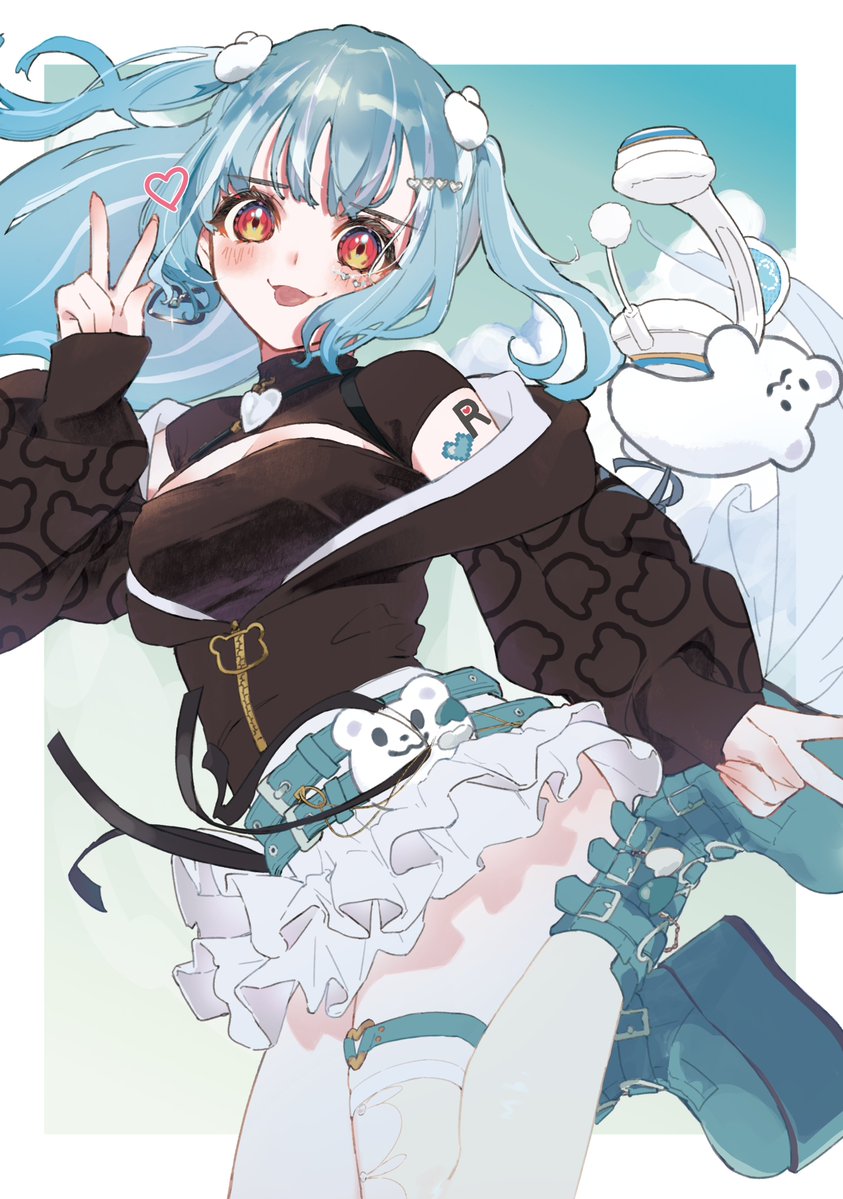 1girl, :3, aqua_belt, aqua_boots, belt, black_jacket, black_shirt, blue_hair
