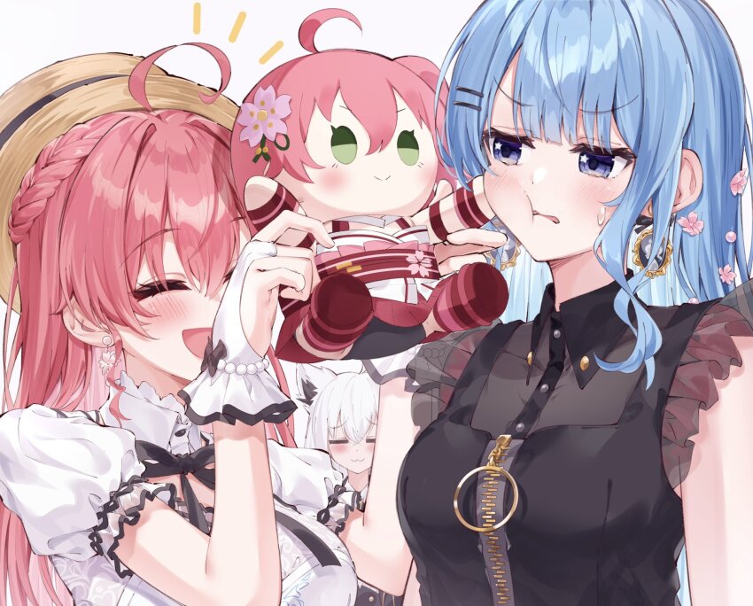 3girls, :3, ahoge, animal_ears, annoyed, blue_eyes, blue_hair, blush