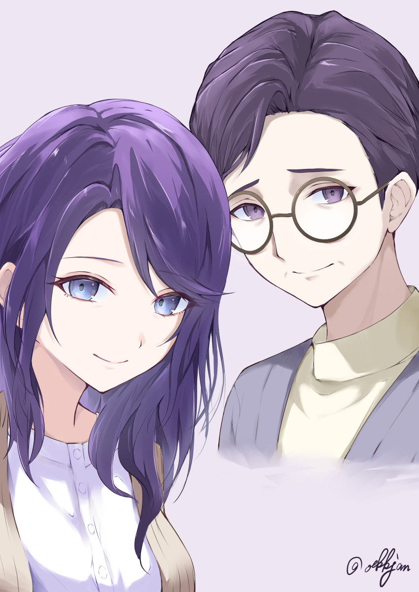 1boy, 1girl, absurdres, asahina_mafuyu's_father, asahina_mafuyu's_mother, blue_eyes, breasts, brown-framed_eyewear