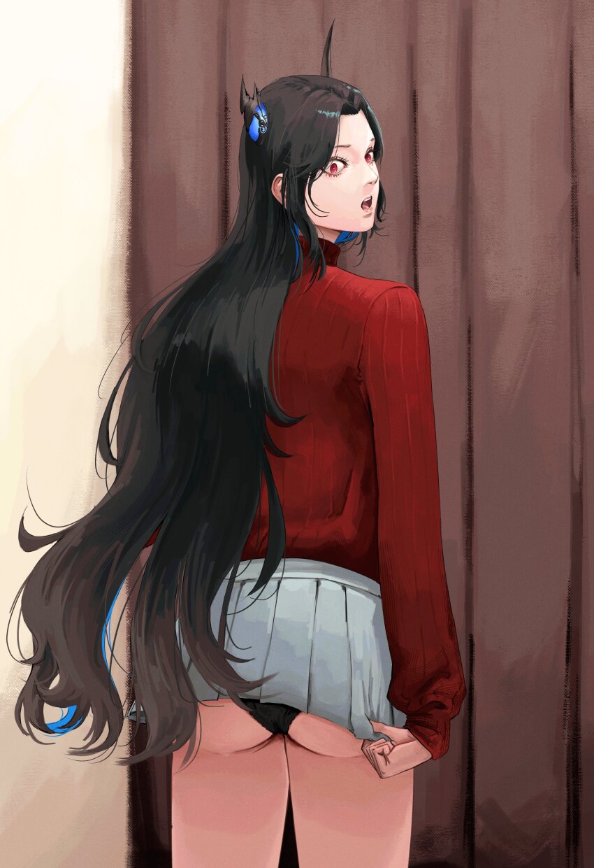 1girl, absurdres, ass, asymmetrical_horns, black_hair, black_panties, blue_hair, colored_inner_hair