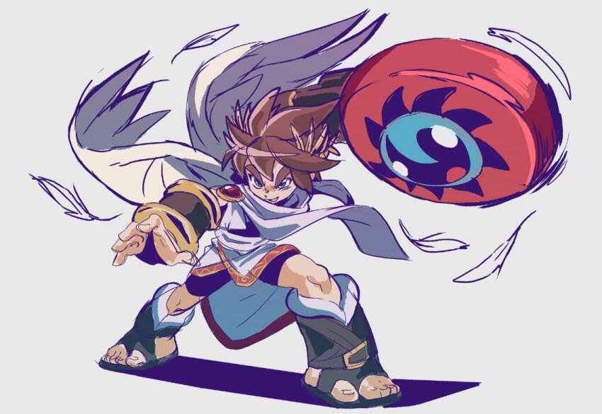 1boy, angel, angel_wings, bike_shorts, blue_eyes, brown_hair, feathers, full_body