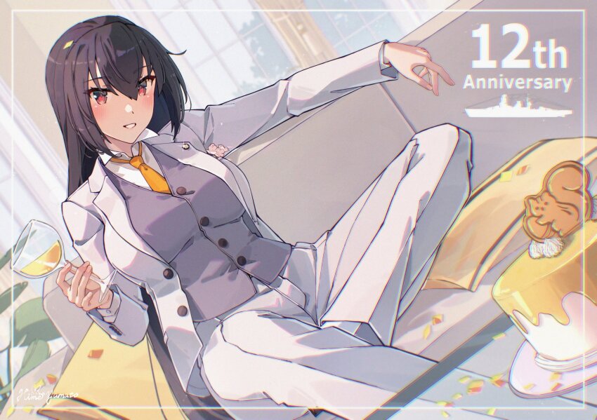 1girl, anniversary, black_hair, collared_shirt, cup, formal_clothes, grey_vest, hair_between_eyes, highres, himeyamato, holding, holding_cup, jacket, kantai_collection, long_hair, long_sleeves, looking_at_viewer, nagato_(anniversary)_(kancolle), nagato_(kancolle), necktie, official_alternate_costume, orange_necktie, pants, red_eyes, shirt, sitting, solo, suit, suit_jacket, very_long_hair, vest, white_jacket, white_pants, white_shirt, white_suit