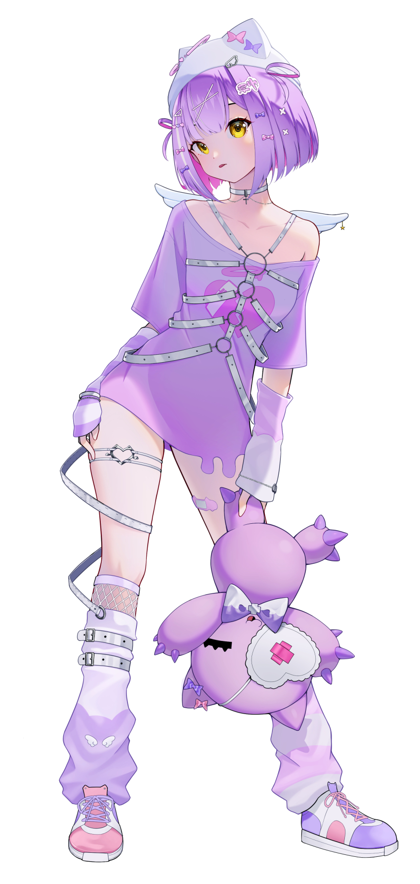 1girl, absurdres, animal_hat, arm_warmers, asymmetrical_footwear, bow, cat_hat, chest_harness