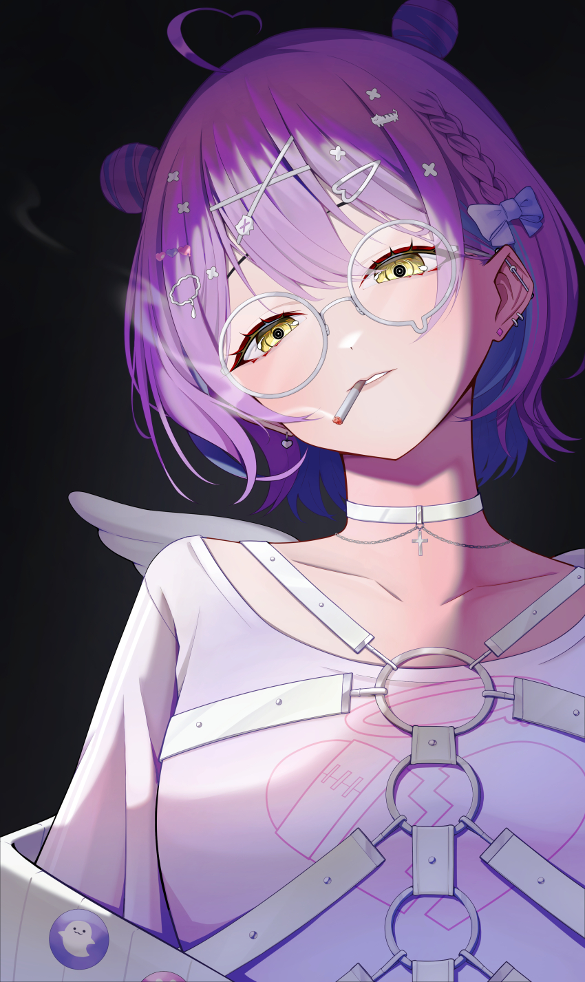 1girl, absurdres, ahoge, barbell_piercing, black_background, bow, braid, cardigan, chest_harness, choker, cigarette, collarbone, colored_inner_hair, dim_lighting, double_bun, ear_piercing, earrings, hair_bow, hair_bun, hair_ornament, hairpin, half-closed_eyes, harness, highres, industrial_piercing, jewelry, ji-rex, medium_hair, multicolored_hair, multiple_hairpins, o-ring, o-ring_harness, off_shoulder, parted_lips, pendant_choker, piercing, pink_shirt, purple_hair, round_eyewear, shinomiya_runa, shinomiya_runa_(4th_costume), shirt, simple_background, smoking, solo, too_many_hair_ornaments, upper_body, virtual_youtuber, vspo!, white_cardigan, white_choker, x_hair_ornament, yellow_eyes