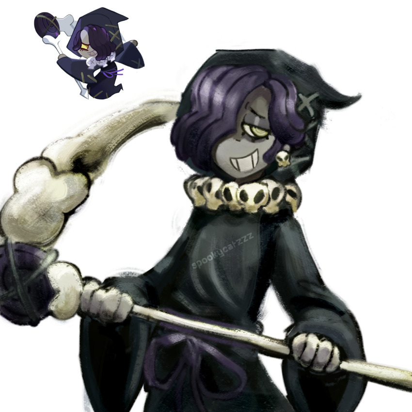 bad_link, bad_tumblr_link, black_licorice, cookie, cookie_run, cookie_run:_kingdom, cookie_run:_ovenbreak, death_(entity), food, grim_reaper, highres, holding, holding_scythe, licorice_cookie, licorice_servants, original, scythe, skull, spookycatzzz