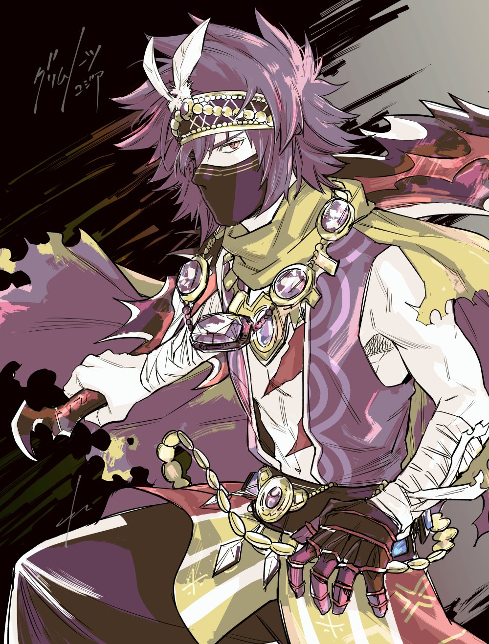 1boy, bandages, covered_mouth, cowboy_shot, egg_(cknlun), gloves, grimms_notes, highres