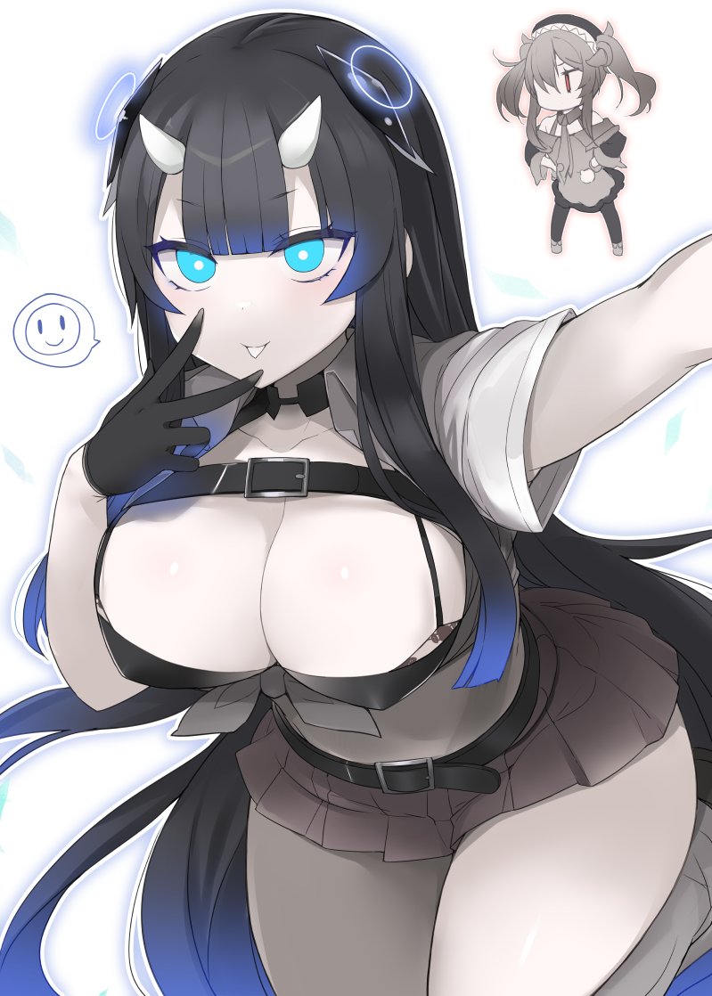 2girls, alternate_costume, atoll_aircraft_carrier_anchorage_princess, belt, black_gloves, black_hair, blue_eyes, blue_hair