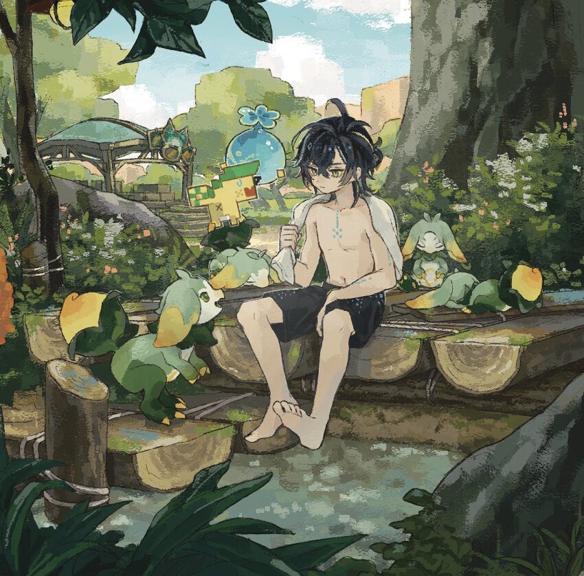 1boy, ajaw_(genshin_impact), barefoot, black_hair, black_male_swimwear, bush, closed_mouth, cloud