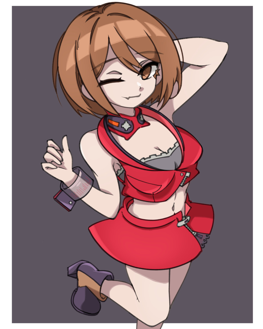 1girl, absurdres, arm_behind_head, boots, border, breasts, brown_eyes, brown_hair