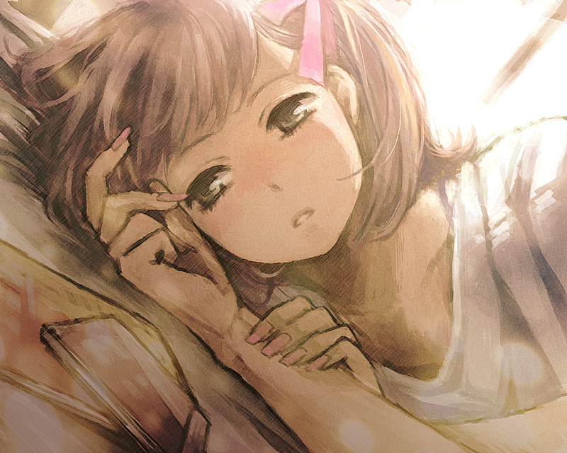 1girl, amami_haruka, brown_hair, female_focus, framed, green_eyes, hair_ribbon, idolmaster, idolmaster_(classic), lying, nogoodlife, open_mouth, picture_frame, ribbon, short_hair, solo