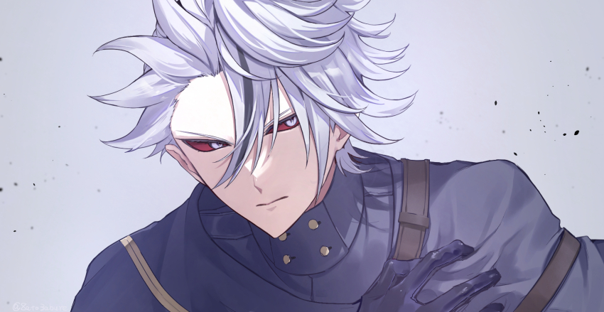 1boy, 8ato3abure, :|, black_cloak, black_gloves, cloak, closed_mouth, colored_sclera