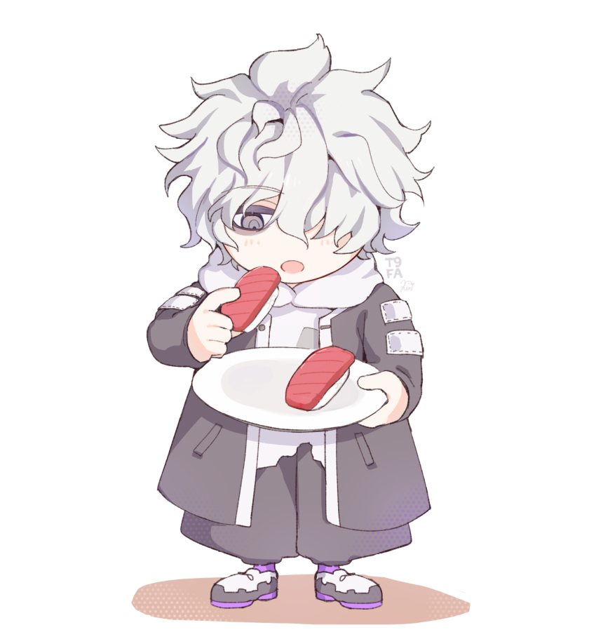 1boy, 8ato3abure, :o, bags_under_eyes, black_coat, black_pants, chibi, chibi_only